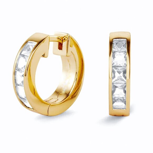 Classic Princess Cut  Yellow Gold Plated 925 Sterling Silver Huggie Hoop Earring - Picture 5 of 5